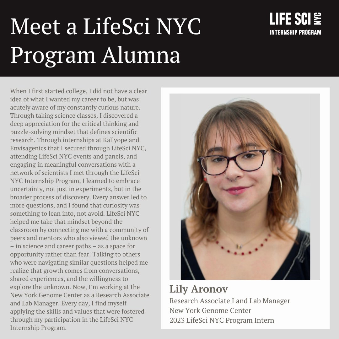 Meet Lily Aronov! She was a Research Intern at Kallyope in 2023 and a Lab Research Intern at Envisagenics in 2024. Lily is now a Research Associate I and Lab Manager at the Satija Lab at the New York Genome Center.