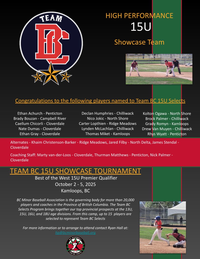 2025 Team BC 15U Selects has been identified. Thank you to all those who came to show us your best. We see a bright future in the players of BC Minor Baseball! Thank you to the coaches, parents &amp; families who have nurtured amazing humans! They're more than just ball players.