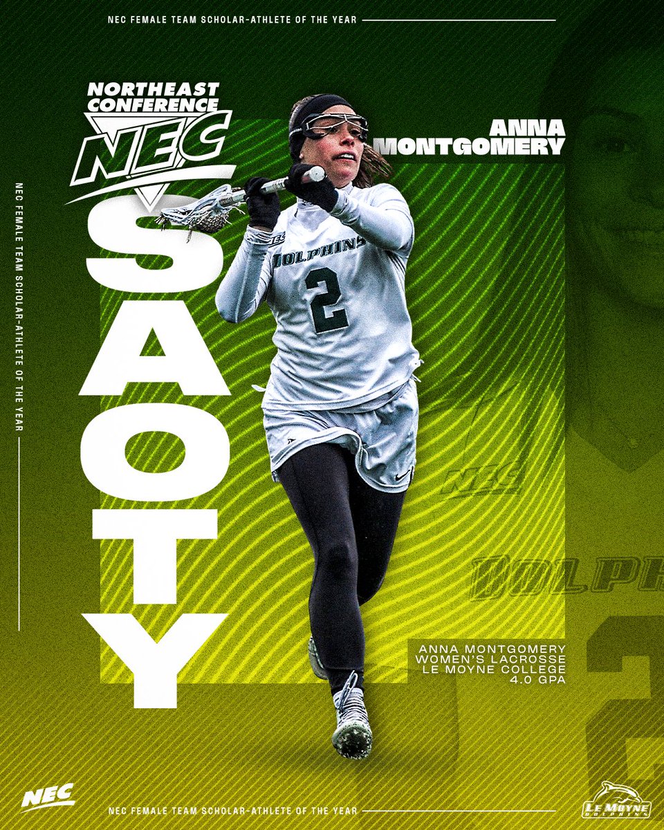 Northeast Conference (@necsports) on Twitter photo ๐ฏ๐ The 2๏ธโฃ0๏ธโฃ2๏ธโฃ5๏ธโฃ Female Team co-Scholar-Athlete of the Year is Anna Montgomery from <a href="/LeMoyneDolphins/">Le Moyne Athletics</a>โผ๏ธ
ยป Amassed 12 CT & 40 GB during her 4-year career
ยป Led the ๐ฌ to a postseason appearance in their debut #NECWLAX season
ยป Owned a 4.00 GPA as a Biology major
#NECelite x ๐ฏ๐ The 2๏ธโฃ0๏ธโฃ2๏ธโฃ5๏ธโฃ Female Team co-Scholar-Athlete of the Year is Anna Montgomery from <a href="/LeMoyneDolphins/">Le Moyne Athletics</a>โผ๏ธ
ยป Amassed 12 CT & 40 GB during her 4-year career
ยป Led the ๐ฌ to a postseason appearance in their debut #NECWLAX season
ยป Owned a 4.00 GPA as a Biology major
#NECelite x