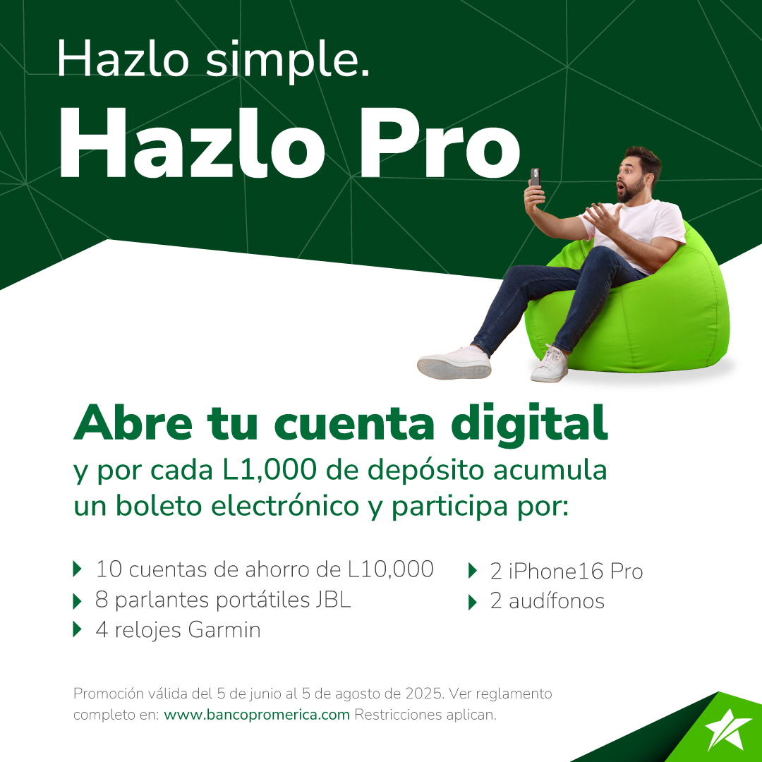 Hazlo simple, hazlo Pro. 🚀 Abre tu cuenta digital hoy mismo y cada L1,000 te acerca a increíbles premios. ¡Gana iPhone 16 Pro, relojes Garmin y más! 🤩

Abre tu cuenta aquí: bancopromerica.com/journey-digita…