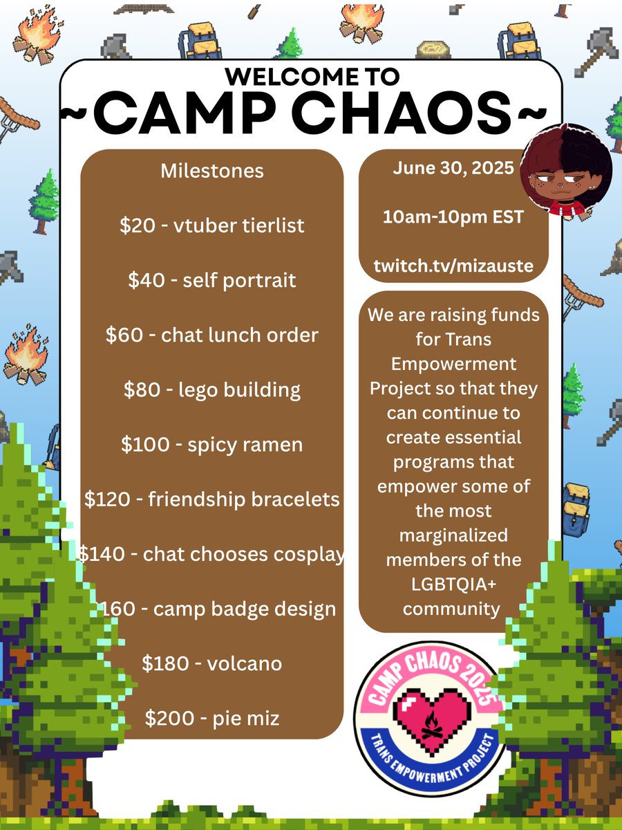 ⁺‧₊˚ ཐི⋆♱⋆ཋྀ ˚₊‧⁺I am joining Camp Chaos! ⁺‧₊˚ ཐི⋆♱⋆ཋྀ ˚₊‧⁺
⤷ I will be live June 30 from 10am-10pm EST
⤷ Goal: $200
⤷ Supporting: Trans Empowerment Project!

I hope to see you all there! Happy Pride Month!🏳️‍⚧️🏳️‍🌈