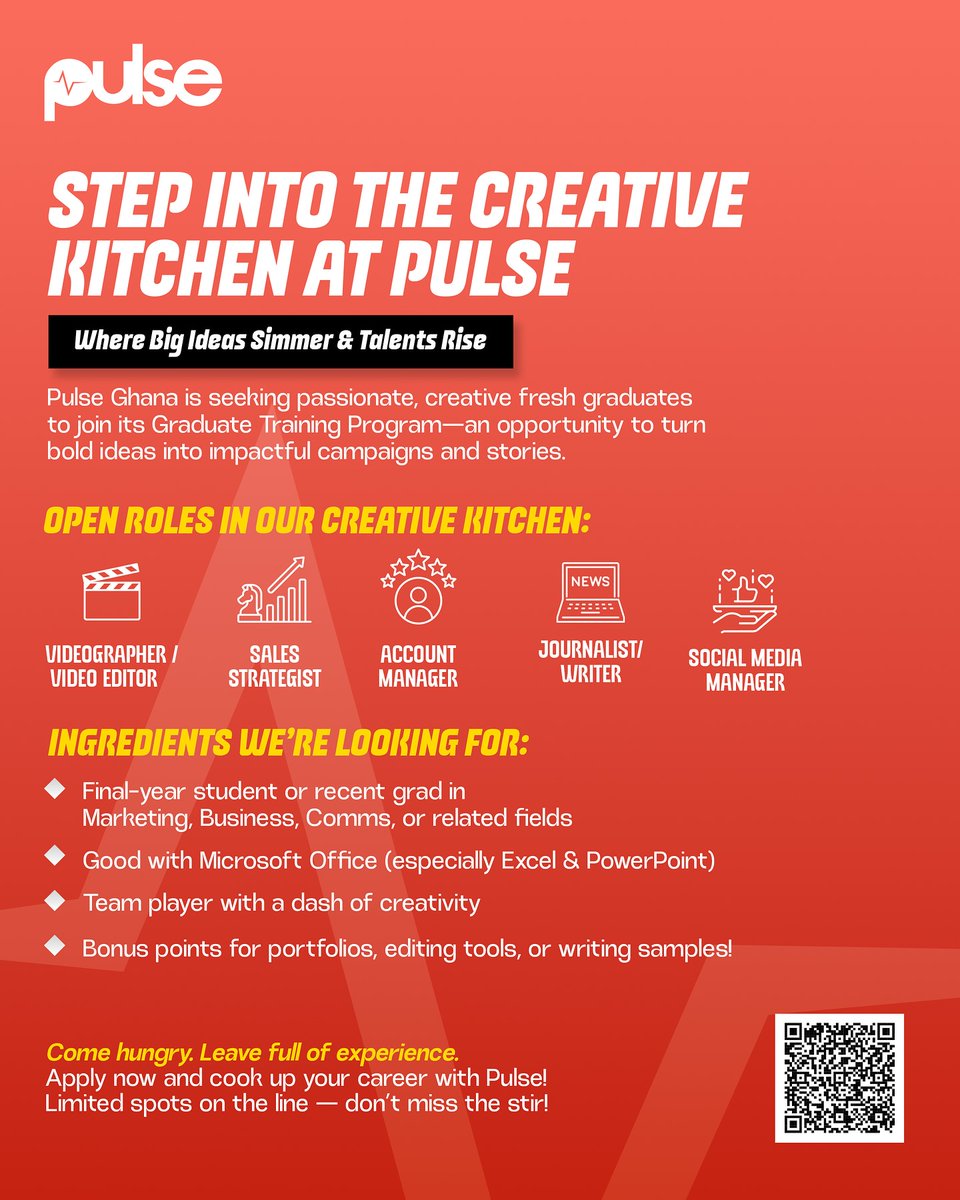 PulseGhana's tweet image. We’re Hiring! 🎓
Pulse Ghana is now accepting applications for our 2025/2026 National Service intake!
Know any talented final-year students or recent graduates ready to kickstart their careers in a dynamic and creative environment? Share this link with them and help them start…