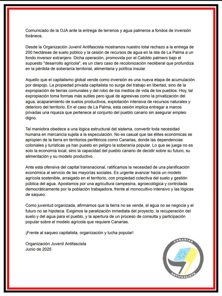 OJAntifa's tweet image. 🚩✊🏽 Comunicado Oficial: Desde la Organización Juvenil Antifascista denunciamos la cesión de tierras y recursos hídricos en La Palma a fondos extranjeros.