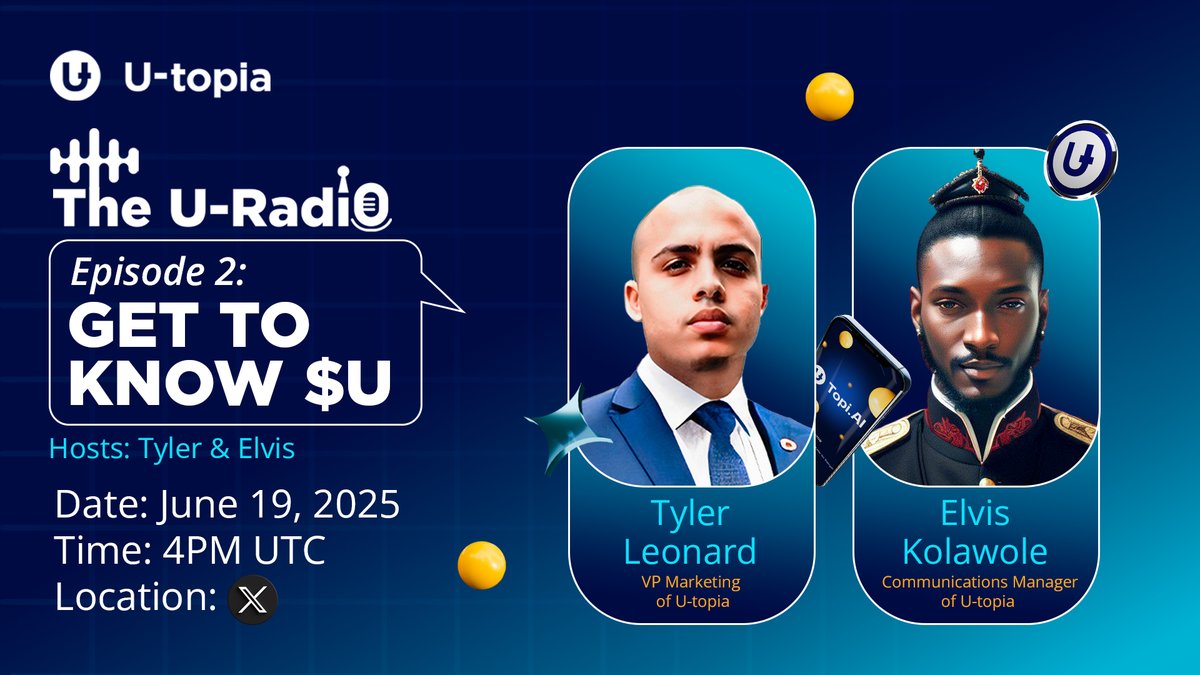 You are invited to Episode 2 of U-Radio! 📻

Tyler Leonard, our VP Marketing and Elvis Kolawole, our Communications Manager, will take you on a journey through our ecosystem's latest, including Topi AI, earning opportunities, and $U.

In other words, you will truly 𝗚𝗲𝘁 𝘁𝗼