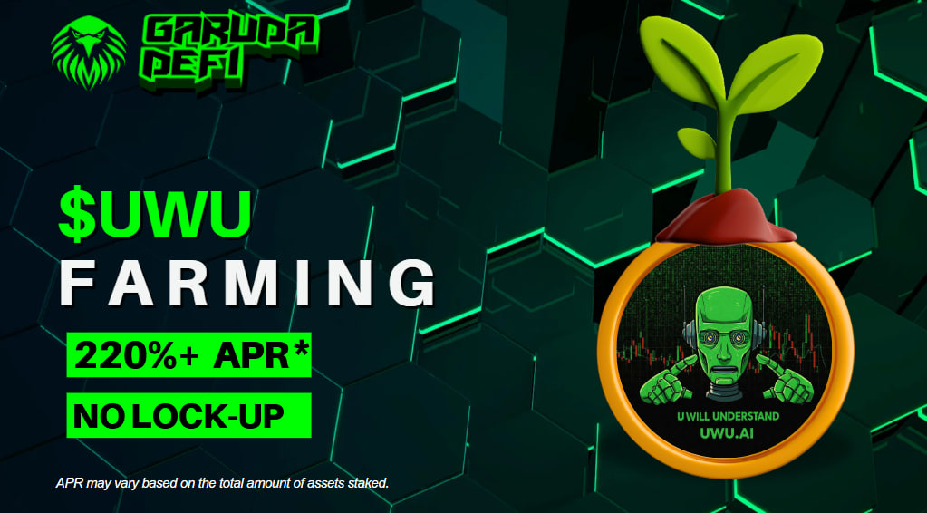Garuda DeFi (@garuda_defi) on Twitter photo $UwU farming LIVE on Garuda DeFi!
🔥 APR now at 220%+
🔓 No lock-up
Provide - stake your LPs & start to harvest rewards!
🔁 Swap garuda-defi.org/market/terra1c…
🚰 Provide LP garuda-defi.org/swap
🌱 Farming garuda-defi.org/farms
#LUNC #DeFi <a href="/LUNC_UwU_AI/">U will Understand AI</a> $UwU farming LIVE on Garuda DeFi!
🔥 APR now at 220%+
🔓 No lock-up
Provide - stake your LPs & start to harvest rewards!
🔁 Swap garuda-defi.org/market/terra1c…
🚰 Provide LP garuda-defi.org/swap
🌱 Farming garuda-defi.org/farms
#LUNC #DeFi <a href="/LUNC_UwU_AI/">U will Understand AI</a>