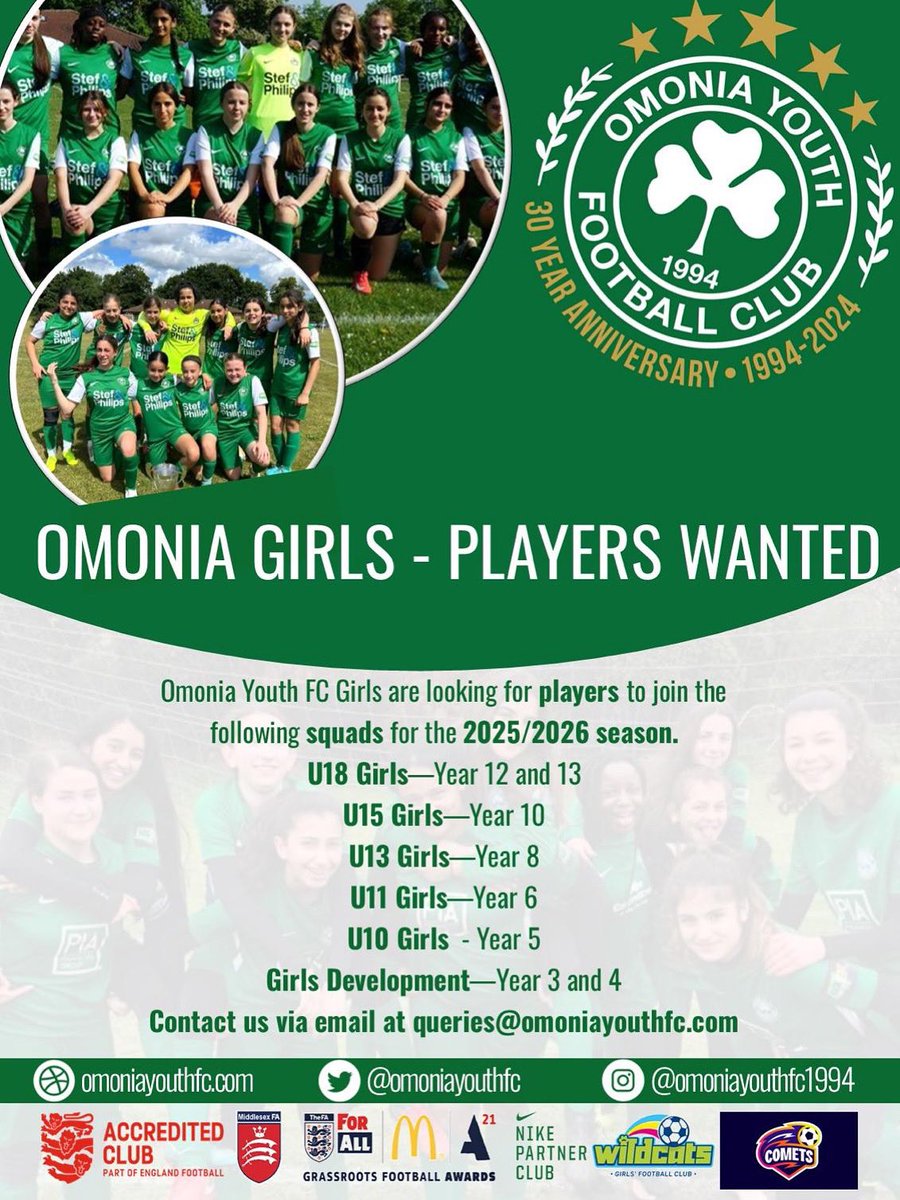 ⚽️ Girls Wanted!
Omonia Youth FC Girls are recruiting for 2025/26!
We’re looking for players in:
U18, U15, U13, U11, U10 + Girls Dev (Y3–Y13)

📍 North London
📩 queries@omoniayouthfc.com

#OmoniaYouthFC #GirlsFootball #NorthLondonFootball #WeAreOmonia