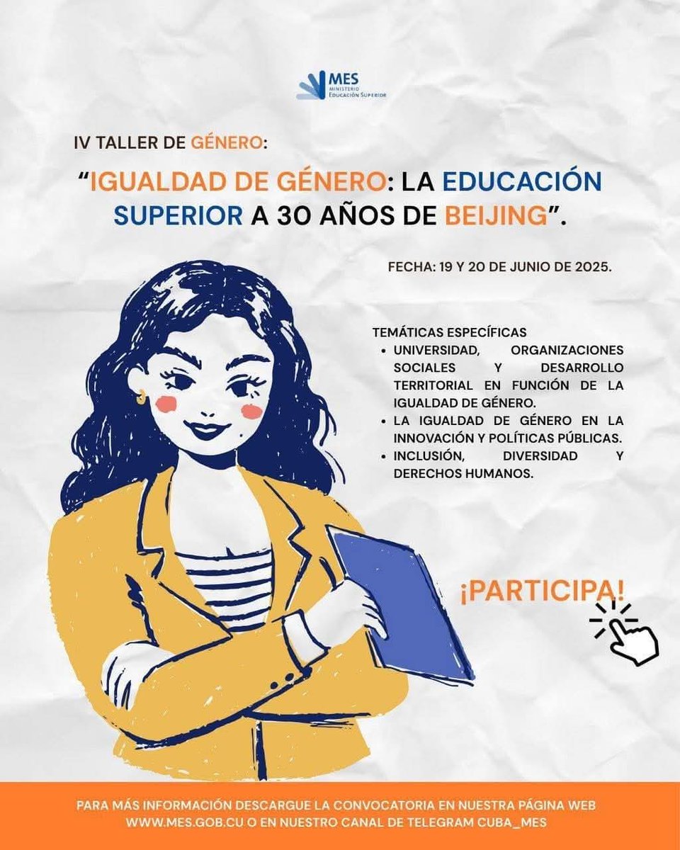 🚀 ¡No te pierdas el IV Taller de Género!

📅 19 y 20 de junio de 2025
 
📍 Organizado por el Comité de Género del <a href="/CubaMES/">MES</a>. 

💡 ¿Qué abordará?
  
✔️ El trabajo de las universidades cubanas en igualdad de género desde la Conferencia de Beijing. 

#UniversidadCubana #Beijing30