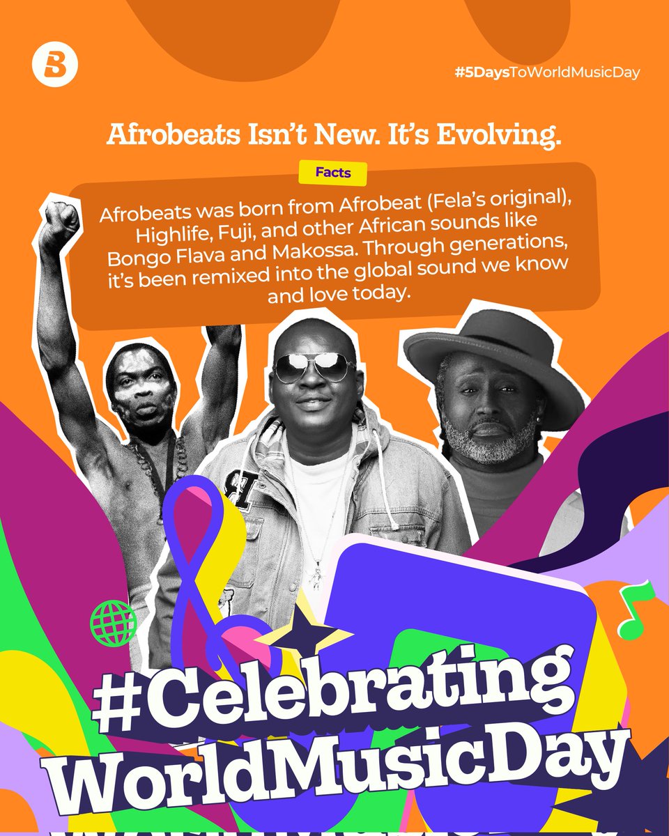 The Beat Has Always Been African!🎶🌍
If you remember the days of Highlife tunes,Fuji Dances,Reggae grooves,Makossa jams,Bongo Flava bangers, and long rides with Fela on repeat…
Then you’ve witnessed Afrobeats evolve firsthand.🖤
 #WorldMusicDay2025 #AfricaInEveryBeat #Boomplay