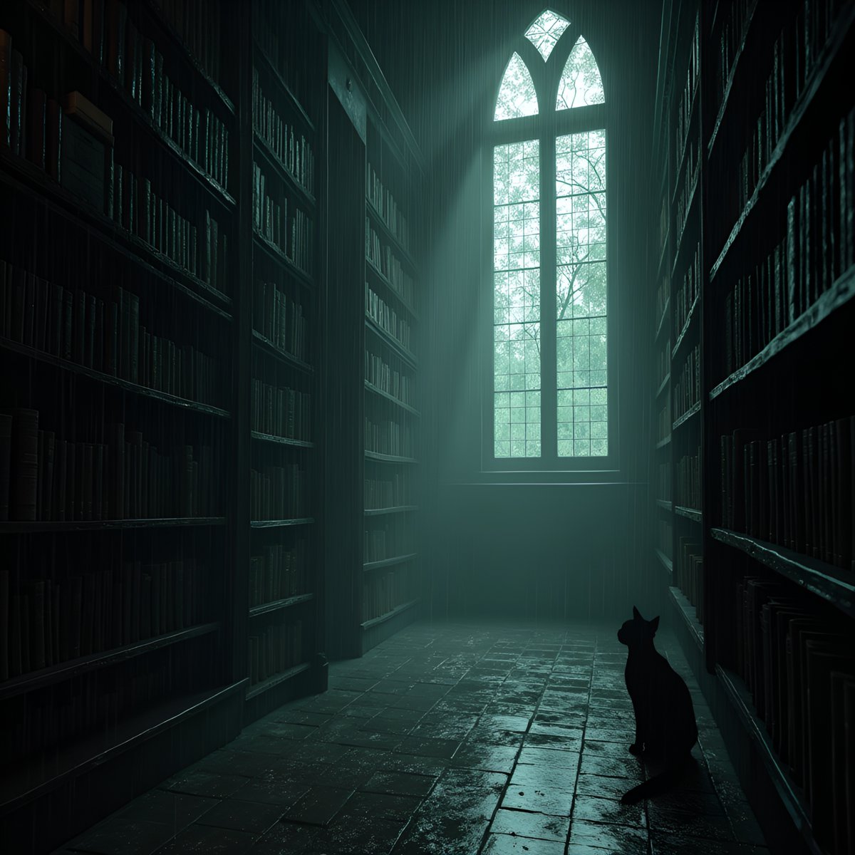 PromptSin's tweet image. A mysterious library with sunlight streaming through a tall, arched window and a black cat. 🐱📚 #MysteryLibrary #QuietMoments