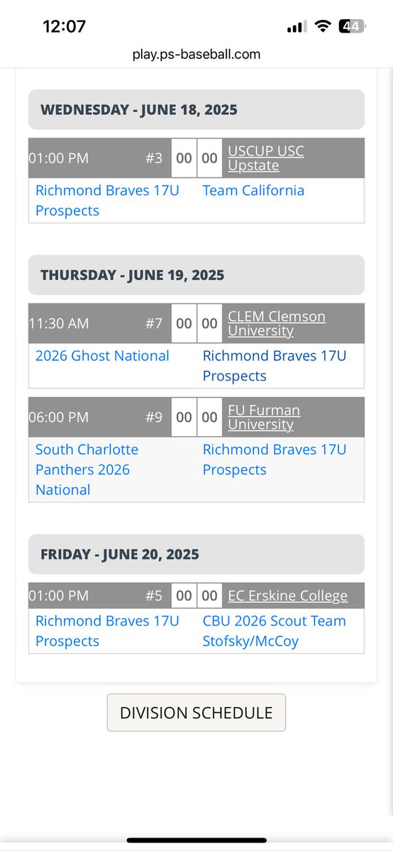 Bryce Lyle 2026 C/RHP
PROSPECT SELECT BIG BEAR CLASSIS
this weeks schedule in Greenville, SC