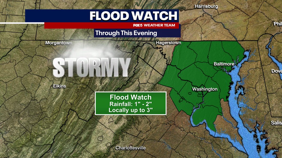 Just In: A New Flood Watch has been posted for DC and the 95 corridor thru 8PM. Locally heavy rainfall possible with T-Storms. Could cause instances of flash flooding.
