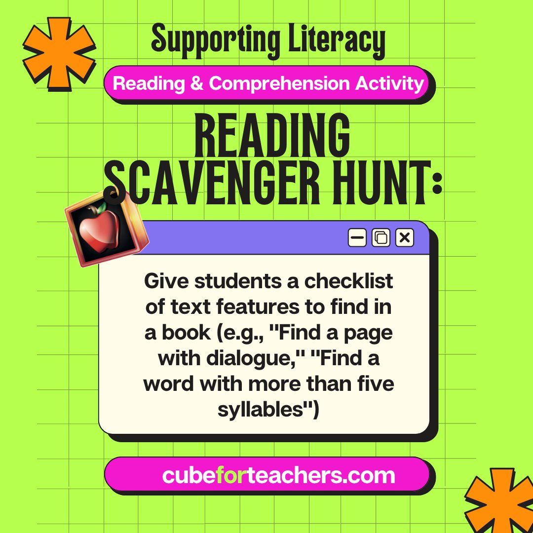 cubeforteachers's tweet image. 📖 Reading Scavenger Hunt! 🔍✨
Give students a checklist of text features to hunt for in their book—like finding a word with more than five syllables or spotting bold text! 📝📚
A fun way to explore books with purpose!
#ReadingScavengerHunt #LiteracyFun #CubeForTeachers