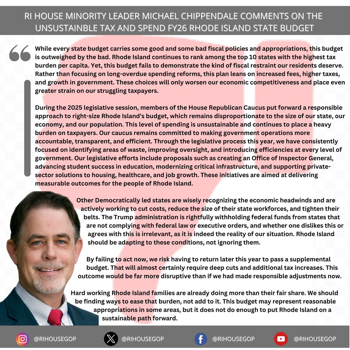 ๐ฅ๐ ๐๐ผ๐๐๐ฒ ๐ฅ๐ฒ๐ฝ๐๐ฏ๐น๐ถ๐ฐ๐ฎ๐ป๐ (@rihousegop) on Twitter photo Leader Michael Chippendale's <a href="/MikeWChip/">Rep Mike Chippendale</a> comments on the unsustainable tax and spend FY26 RI State Budget.
<a href="/DavidPlace01/">David J Place</a>
<a href="/BrianCNewberry/">Brian C. Newberry</a>
George Nardone
Bob Quattrocchi
<a href="/SherryRoberts29/">Sherry Roberts</a>
Richard Fascia
<a href="/ChrisPaplauskas/">Chris Paplauskas</a>
Paul Santucci Leader Michael Chippendale's <a href="/MikeWChip/">Rep Mike Chippendale</a> comments on the unsustainable tax and spend FY26 RI State Budget.
<a href="/DavidPlace01/">David J Place</a>
<a href="/BrianCNewberry/">Brian C. Newberry</a>
George Nardone
Bob Quattrocchi
<a href="/SherryRoberts29/">Sherry Roberts</a>
Richard Fascia
<a href="/ChrisPaplauskas/">Chris Paplauskas</a>
Paul Santucci