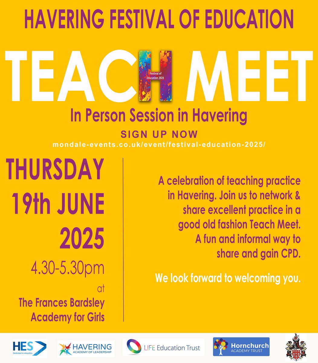 lifeedutrust's tweet image. If you are in or near Havering, join us in person for the final day of the Havering Festival of Education tomorrow. Sign up here for our Teach Meet session or you can still join us online for some great virtual CPD: mondale-events.co.uk/event/festival…
#HFestEd #TeacherCPD #FreeCPD