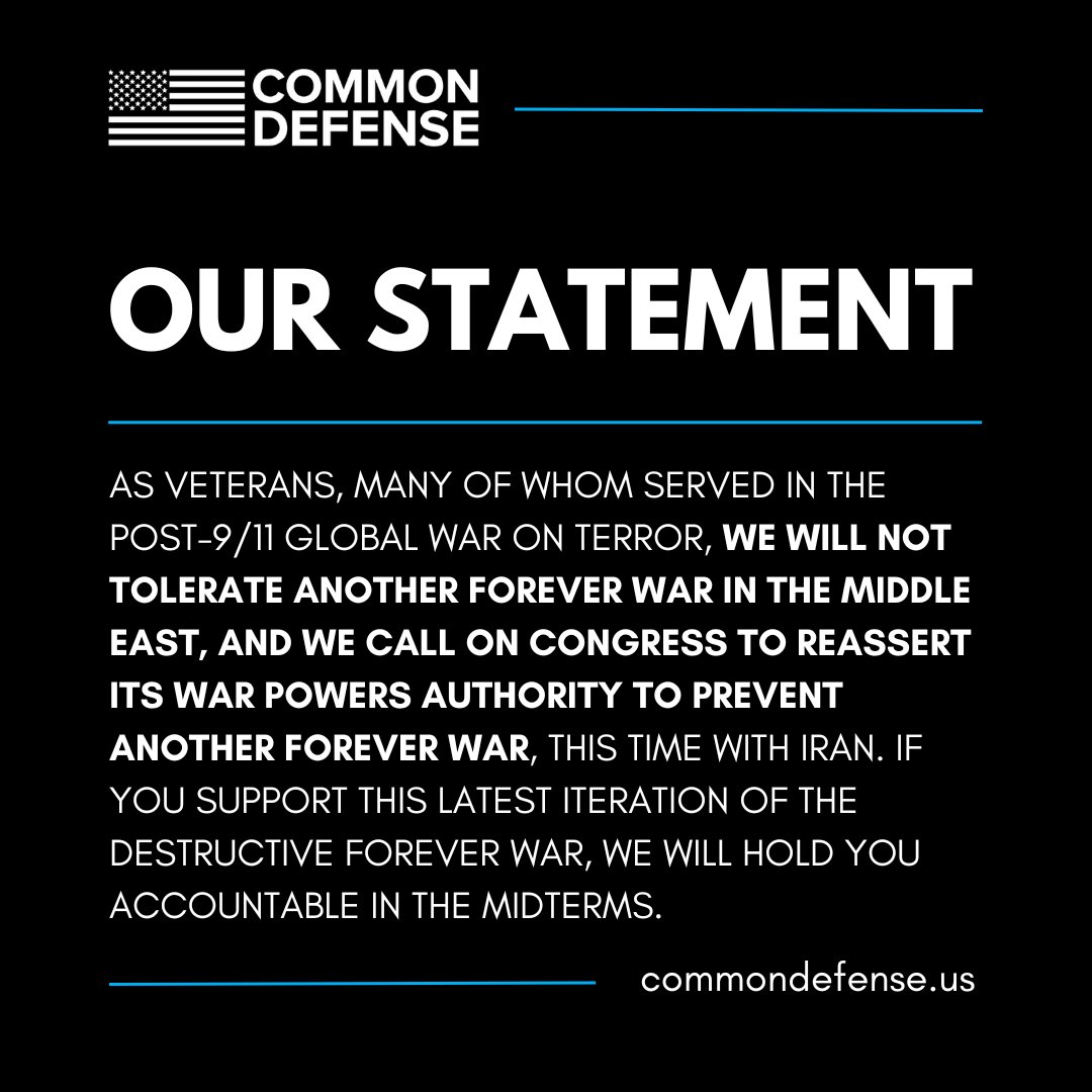 📣 Common Defense has issued a statement on the escalating conflict in the Middle East:

Ending the Forever War and unjust occupations has always been central to our mission — and it still is.
