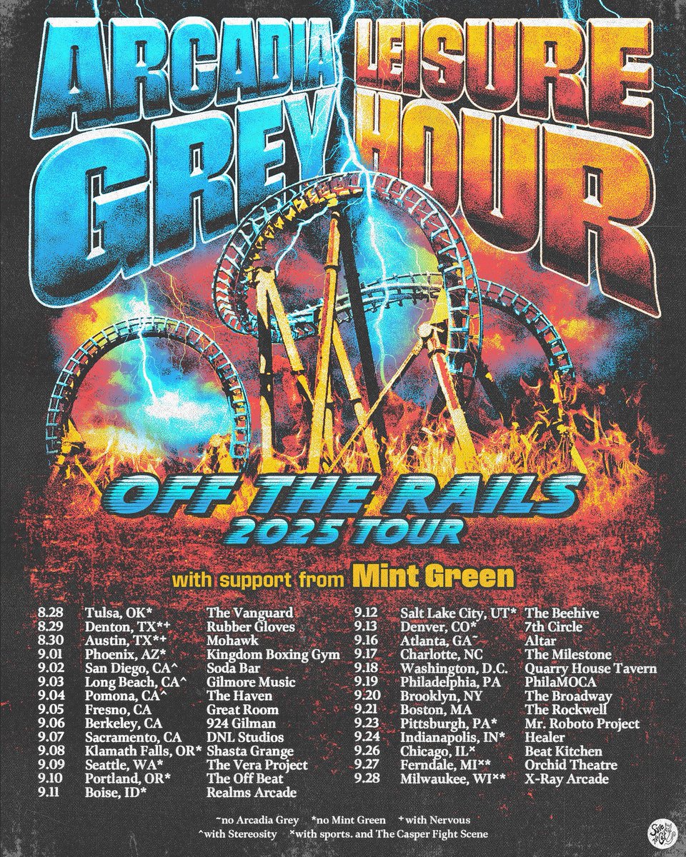 PNWK (@pnwkrecords) on Twitter photo OFF THE RAILS 2025 TOUR
<a href="/arcadia_grey/">Arcadia Grey HERNAMEENGRAVED OUT NOW</a> + <a href="/Leisure_Hour_/">Leisure Hour (LISTEN TO OUR DEBUT ALBUM)</a>
w/ support from <a href="/mintgreenmusic/">mint green 🧚🏾</a>
Special select dates w/ <a href="/CASPERmi_/">The Casper Fight Scene</a> + <a href="/RealSportsBoys/">sports.</a>
yet another <a href="/save_thecat/">savethecattouring</a> banger
🫶 <a href="/smartpunk/">Smartpunk</a> OFF THE RAILS 2025 TOUR
<a href="/arcadia_grey/">Arcadia Grey HERNAMEENGRAVED OUT NOW</a> + <a href="/Leisure_Hour_/">Leisure Hour (LISTEN TO OUR DEBUT ALBUM)</a>
w/ support from <a href="/mintgreenmusic/">mint green 🧚🏾</a>
Special select dates w/ <a href="/CASPERmi_/">The Casper Fight Scene</a> + <a href="/RealSportsBoys/">sports.</a>
yet another <a href="/save_thecat/">savethecattouring</a> banger
🫶 <a href="/smartpunk/">Smartpunk</a>