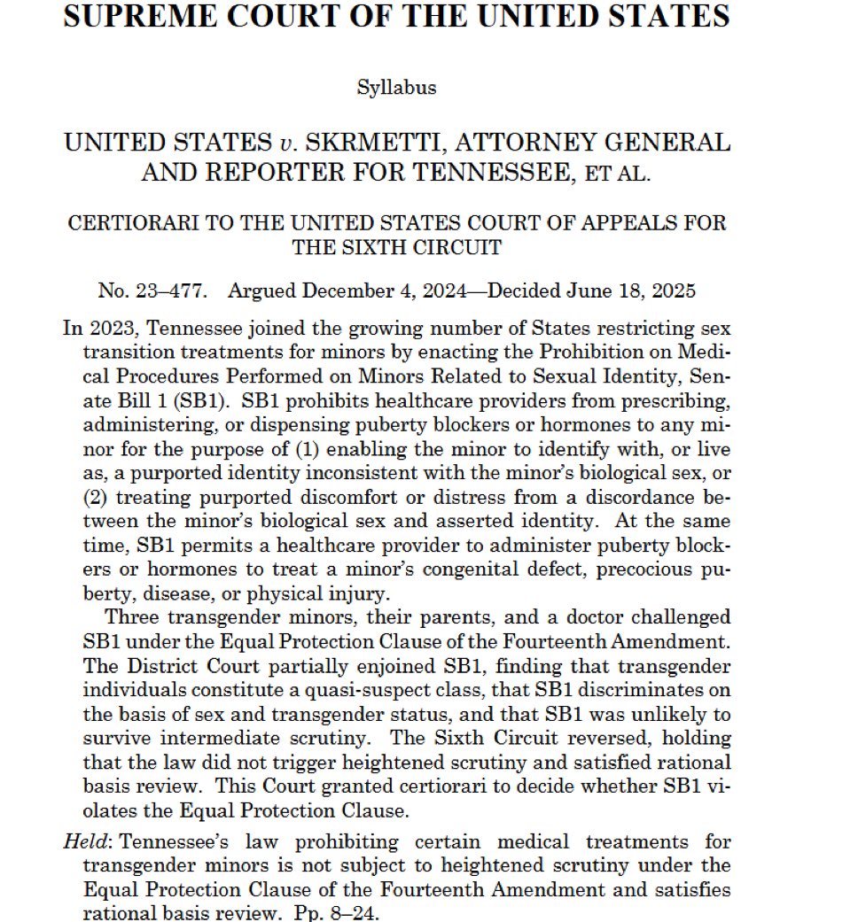 A 6-3 decision by the Supreme Court allowing States to shield kids from irreversible transitioning. Regardless of your view of adult transgenderism, this is a huge win for the protection of children. #letkidsbekids #protectthechildren