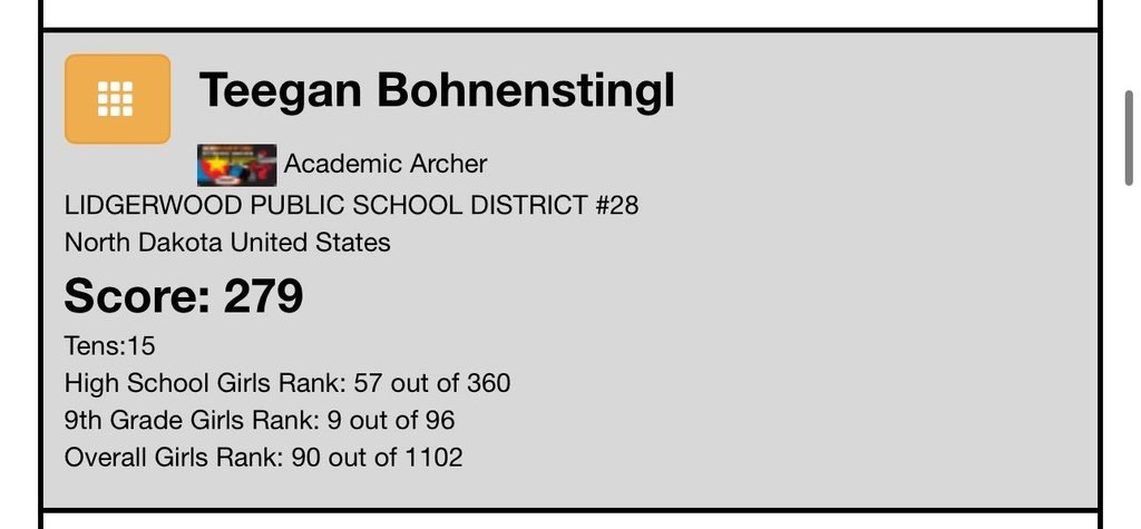 Awesome job to LHS freshman and archery competitor Teegan Bohnenstingl!!! Competing in the NASP Championship Tournament in Myrtle Beach, SC, Teegan shot her personal best in Bullseye with a 288 and shot a 279 in 3-D.  Way to go, Teegan!