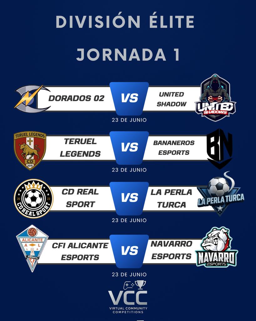 🔥 ¡Jornada 1 de la División Élite!
📆 23 de junio

⚡ <a href="/Dorado02esports/">Dorado 02 eSports</a> vs <a href="/unitedshadowsfc/">United Shadows</a>

🛡️ <a href="/GoldenTenesport/">Teruel Legends</a> vs <a href="/bananoesport/">Banano Esports Club</a>

⚽ <a href="/CDREALSPORT25/">CDRealSport25</a> vs <a href="/laperlaturca77/">LA PERLA TURCA</a>

🔵 <a href="/CFIAlicanteSpor/">CFIAlicanteSports</a> vs <a href="/DoumiFuentes/">Navarro eSports</a>

📲 Calendario completo: challenge.place/c/683b7cd8c373…