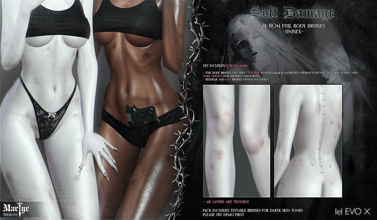 New release!     
⋅────⊱༺ ♰ ༻⊰────⋅     
♰  Martyr + Soft Damage - bruises @ Cryptid event

♰ 2K BOM full body UNISEX bruises for pale and deeper complexions
♰ Opens June 18th 

Taxi: maps.secondlife.com/secondlife/Ban…