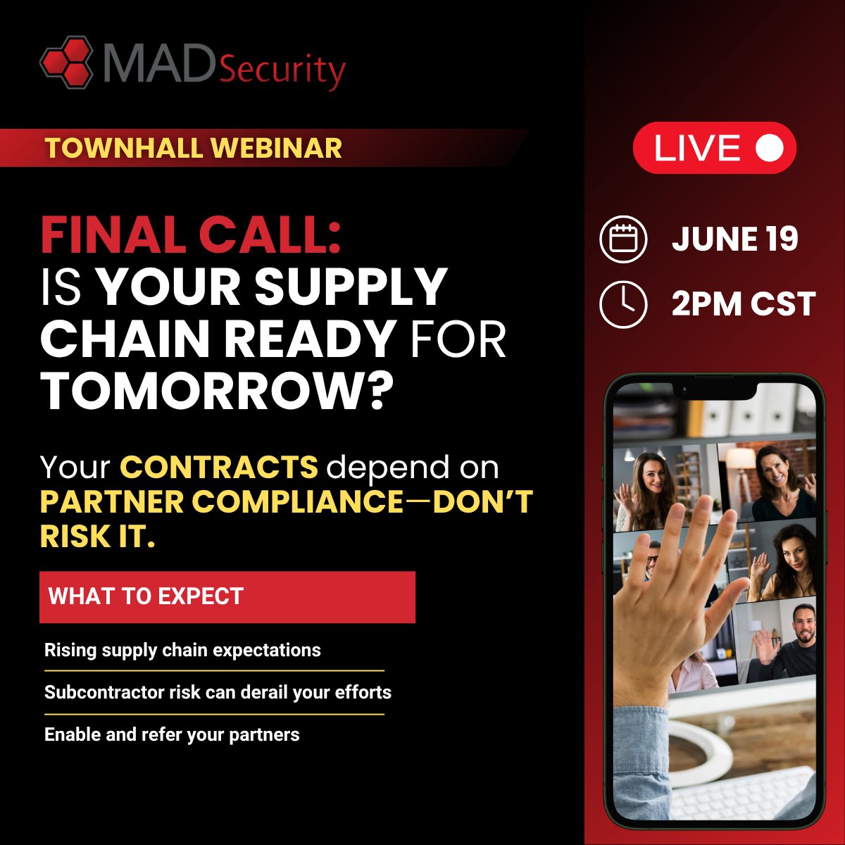 Final Call: Is Your Supply Chain Secure Enough to Protect Your Contracts? Register now before it’s too late: hubs.la/Q03q4Lvt0 Join MAD Security’s LIVE Town Hall Webinar TOMORROW at 2:00 PM CT. #MADSecurity