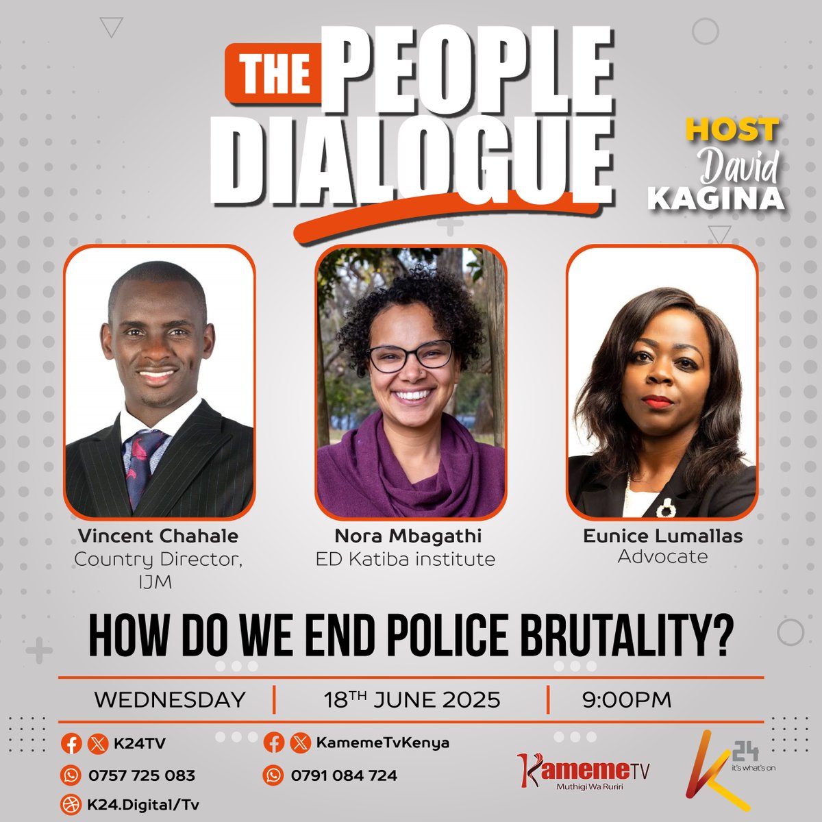 Police Accountability:

Tonight, our Executive Director <a href="/NoraMbagathi/">Nora Mbagathi</a>  will appear on <a href="/K24Tv/">K24 TV</a> &amp; <a href="/KamemeTvKenya/">Kameme TV</a>  to discuss some of our country’s pressing issues. 

The conversation will explore police brutality and the need for accountability within the justice system, the