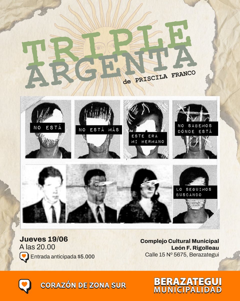 Mañana a las 20hs tendremos una función de “Triple Argenta” de Priscila Franco, a cargo de Géminis Elenco.

Esta obra, inspirada en hechos reales, refleja el impacto duradero de la última dictadura cívico militar en nuestra sociedad.

¡Te esperamos! 🙌🏼