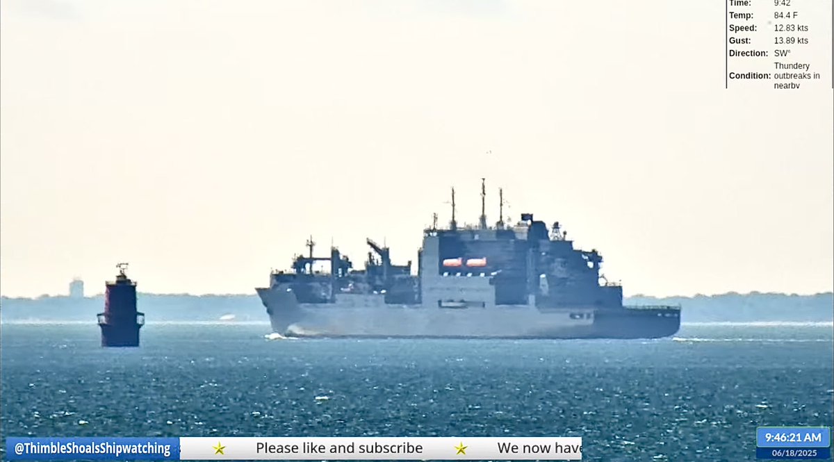 USNS Robert E. Peary (T-AKE-5) Lewis and Clark-class dry cargo ship leaving Norfolk, Virginia - June 18, 2025 

SRC: YT- ThimbleShoalsShipwatching