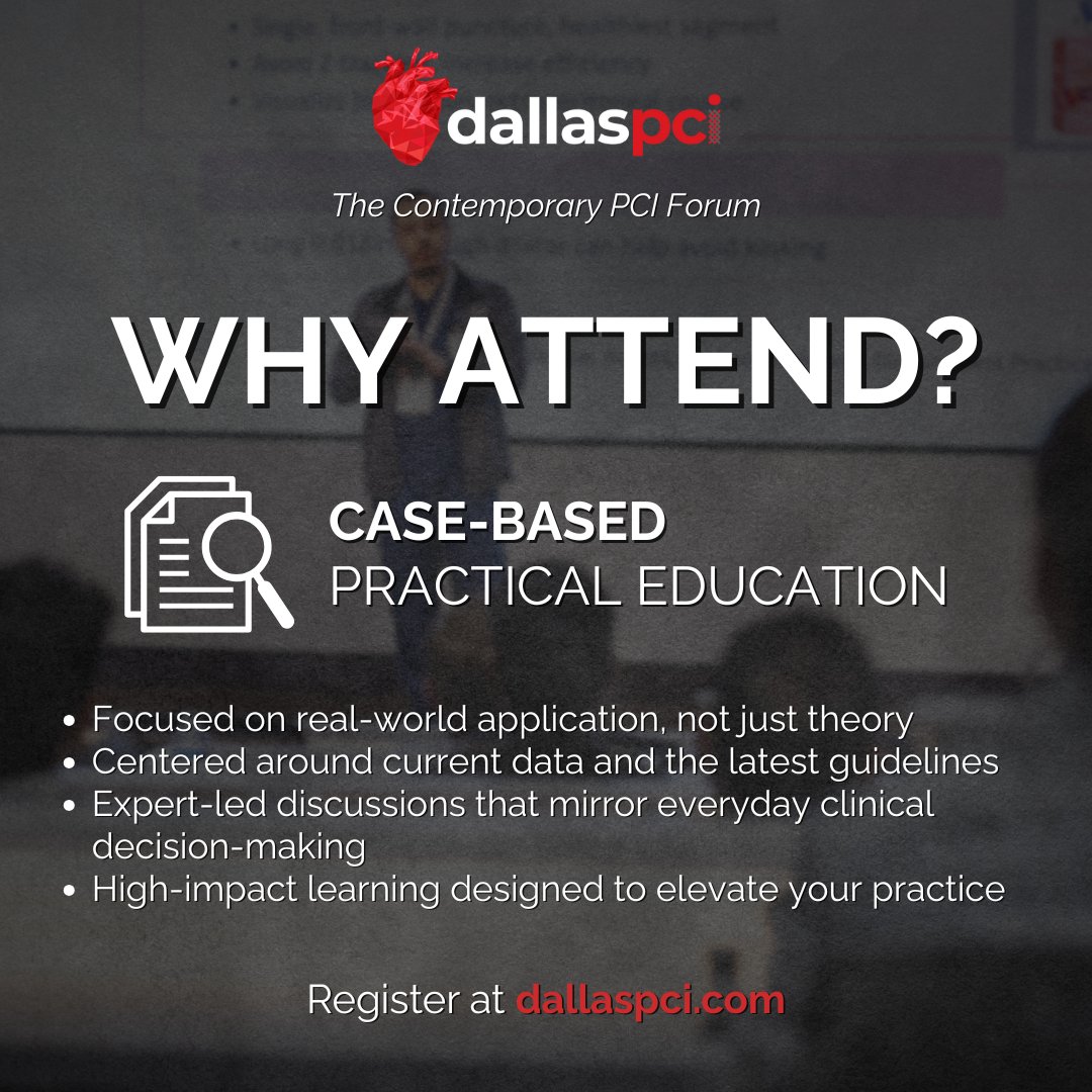 📚 Why Attend Dallas PCI?

Real-world decision-making starts with real-world learning.

Join for case-based, practical education designed to sharpen your clinical skills and elevate your confidence in complex interventions.

Register now at dallaspci.com

#dallaspci2025