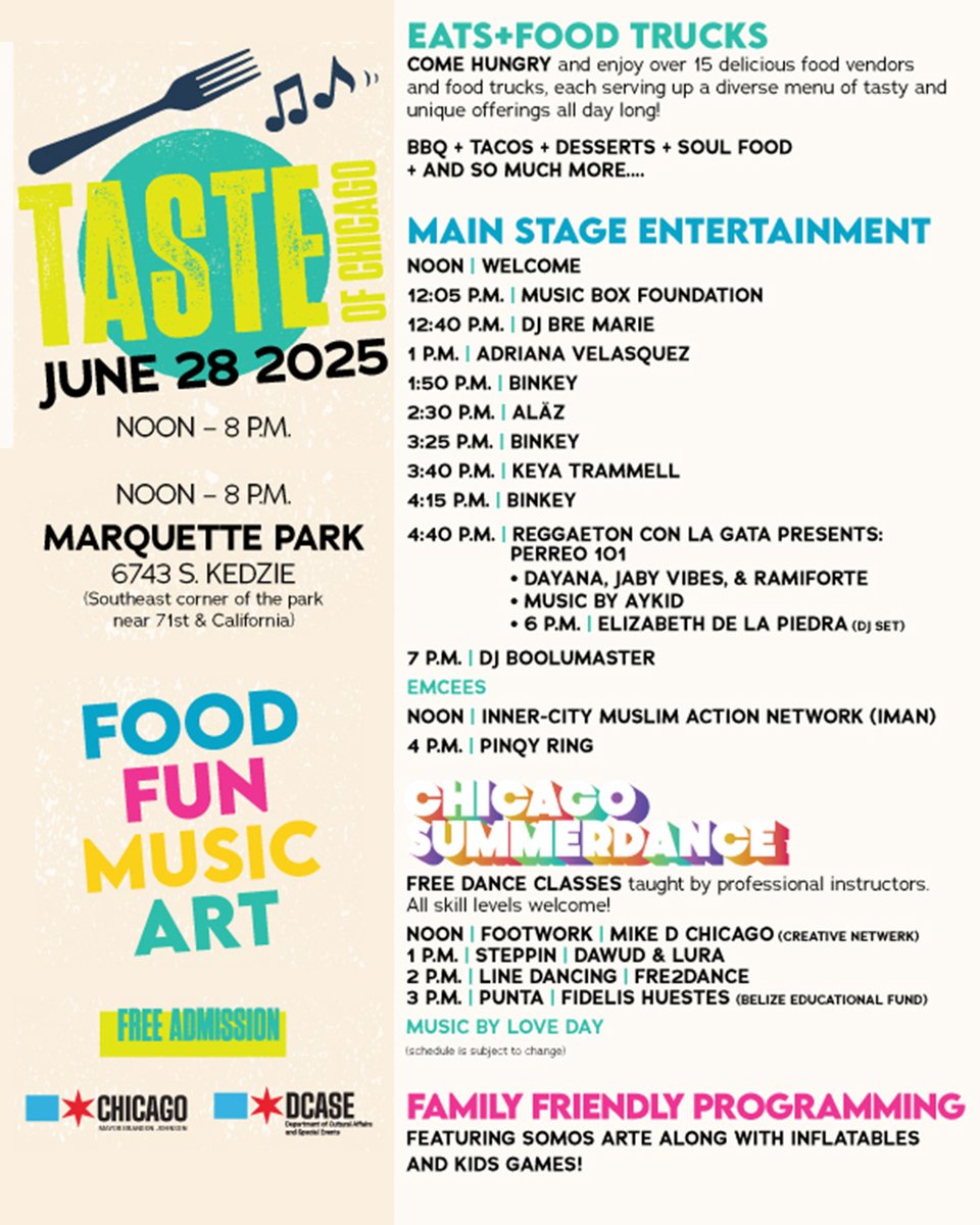 The #TasteofChicago is coming to #MarquettePark and everyone's invited!

Saturday, June 28 from noon to 8pm, join us for incredible music performances and dancing along with some of your favorite local food vendors. FREE admission!

🍕 TasteofChicago.us
