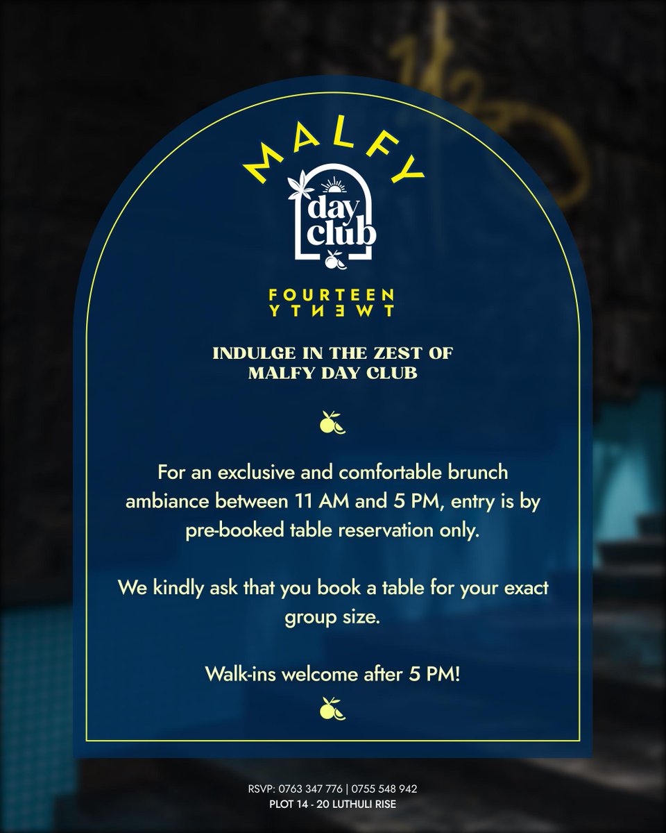 Get ready for the Malfy Day Club! 🍋✨ 06/07

To ensure a perfectly vibrant experience from 11 AM - 5 PM, we're operating strictly by reservation only. Please secure your table with your exact party size to join the fun!

Walk-ins will be welcome after 5 PM for continued good