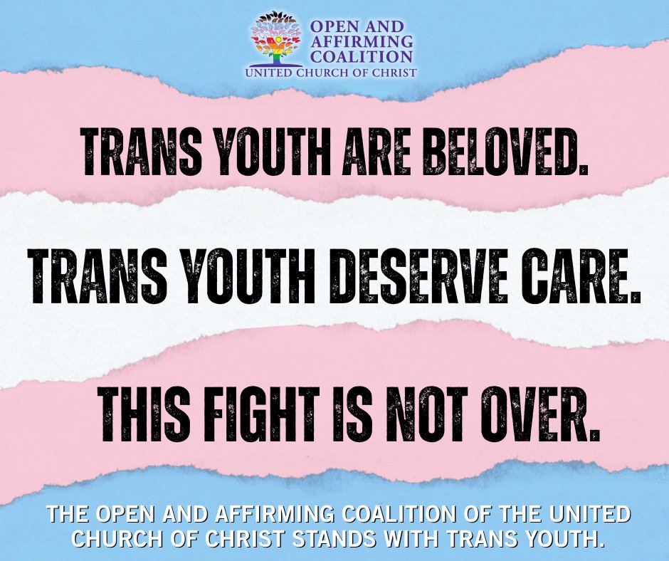 The Supreme Court has upheld Tennessee’s cruel ban on gender-affirming care for trans youth.
We grieve. We rage. We resist.
Trans youth are sacred. This fight is not over.

Read our full statement:
openandaffirming.org/trans-youth-ca…
#TransRightsAreHumanRights #UCC #ONA #SacredResistance