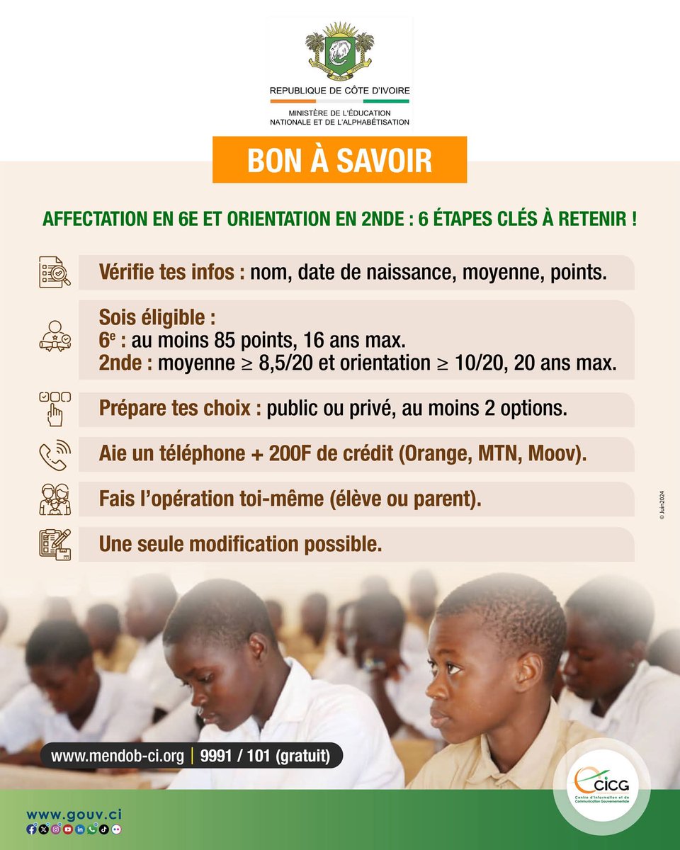 🇨🇮Affectation en 6ᵉ et orientation en 2nde : 6 étapes clés à retenir

Vérifiez vos informations, assurez-vous d’être éligibles, préparez vos choix, munissez-vous d’un téléphone avec au moins 200 FCFA de crédit (peu importe l’opérateur), et effectuez l’opération vous-mêmes. Une