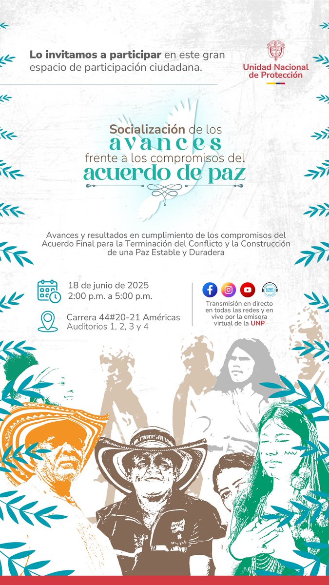 Acompáñanos a la Socialización de los avances frente a los compromisos del Acuerdo de Paz,  que se llevará a cabo hoy, 18 de junio a las 2:00 PM 🕊️

Conéctate aquí:
 youtube.com/@unpcolombia

#AcuerdoDePaz  
#UNPProtecciónHumana