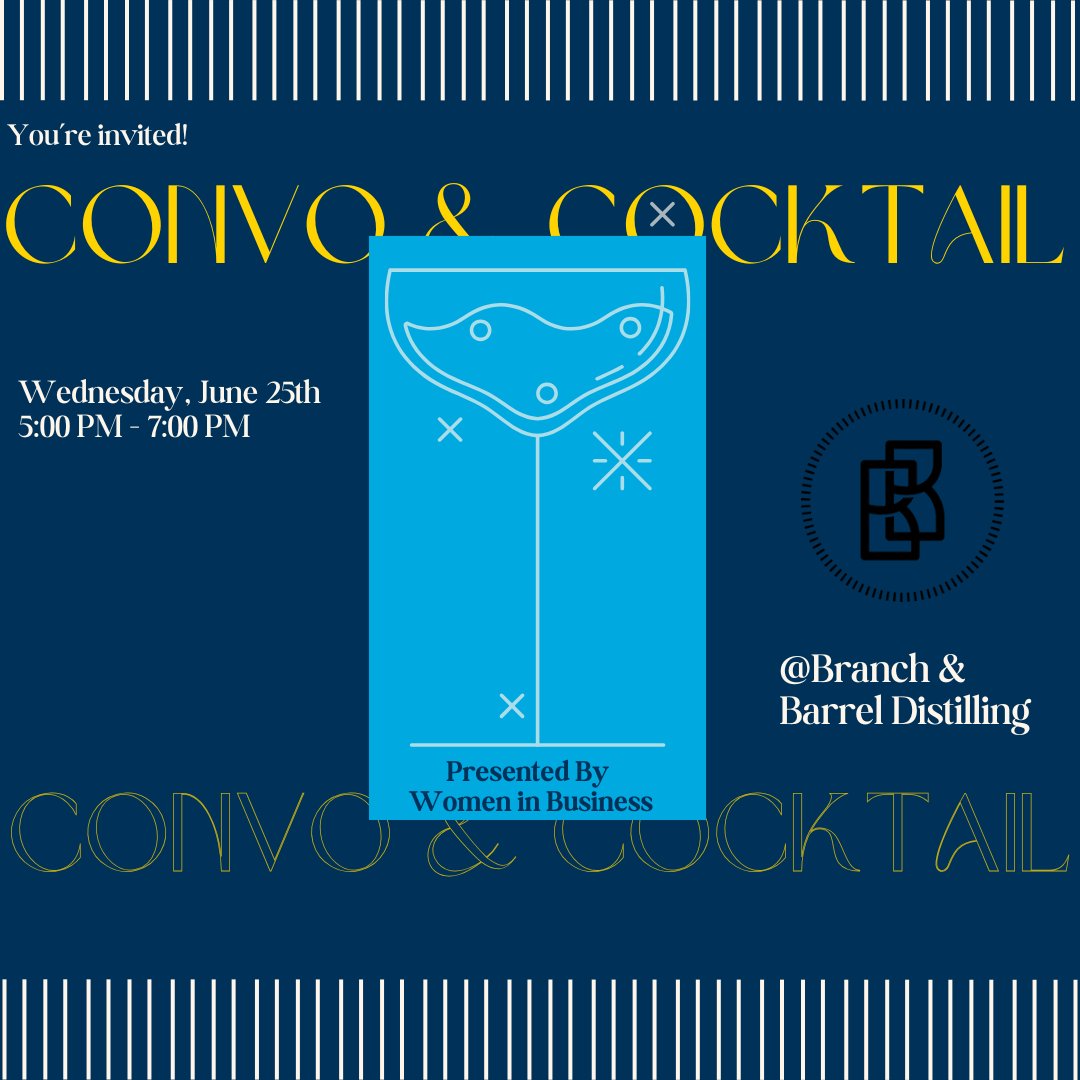 ❗Upcoming Chamber Event
🗣️ Convo &amp; Cocktails 
📅 Wednesday, June 25th | 5:00 PM - 7:00 PM
📍Branch &amp; Barrel Distilling
🔗 ow.ly/atOK50WbJZq

Strong women, stronger networks! Don’t miss this chance to sip, socialize, and spark new connections at the Convo &amp; Cocktails.