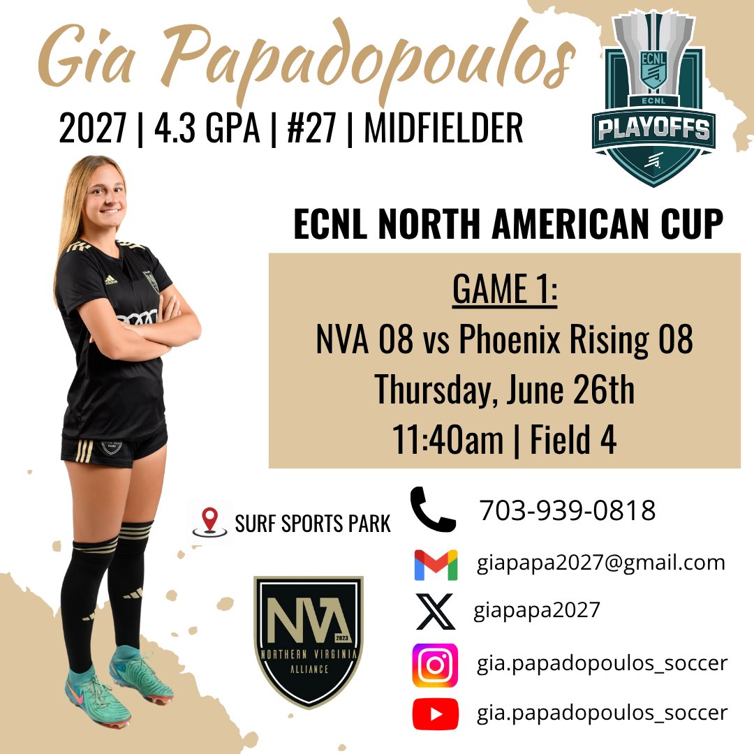 Giovanna (Gia) Papadopoulos 2027 (@giapapa2027) on Twitter photo Excited for San Diego and <a href="/ECNLgirls/">ECNL Girls</a> playoffs! My team is in the North American Cup, which is a tournament style bracket. 2nd and 3rd games are 6/27 and 6/29. Will be sure to update game times/fields! <a href="/ImYouthSoccer/">ECNL/GA/Recruiting/College Soccer</a> <a href="/ECNLMidNorth/">ECNL Mid Atlantic & North Atlantic</a> <a href="/TopDrawerSoccer/">TopDrawerSoccer</a> <a href="/PrepSoccer/">Prep Soccer ⚽️</a> Excited for San Diego and <a href="/ECNLgirls/">ECNL Girls</a> playoffs! My team is in the North American Cup, which is a tournament style bracket. 2nd and 3rd games are 6/27 and 6/29. Will be sure to update game times/fields! <a href="/ImYouthSoccer/">ECNL/GA/Recruiting/College Soccer</a> <a href="/ECNLMidNorth/">ECNL Mid Atlantic & North Atlantic</a> <a href="/TopDrawerSoccer/">TopDrawerSoccer</a> <a href="/PrepSoccer/">Prep Soccer ⚽️</a>