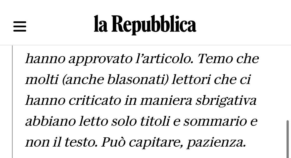 Gianluca Pistore (@gianlucapistore) on Twitter photo Ho segnalato un errore di Repubblica che è stato ripreso da <a href="/ScaltritiLab/">Maurizio Scaltriti</a> . Oggi su quell’articolo appare un corsivo che dice che blasonati lettori hanno letto solo i titoli e non il testo. Falso, nel mio messaggio mostravo tutti i passaggi dell’articolo: x.com/gianlucapistor… Ho segnalato un errore di Repubblica che è stato ripreso da <a href="/ScaltritiLab/">Maurizio Scaltriti</a> . Oggi su quell’articolo appare un corsivo che dice che blasonati lettori hanno letto solo i titoli e non il testo. Falso, nel mio messaggio mostravo tutti i passaggi dell’articolo: x.com/gianlucapistor…