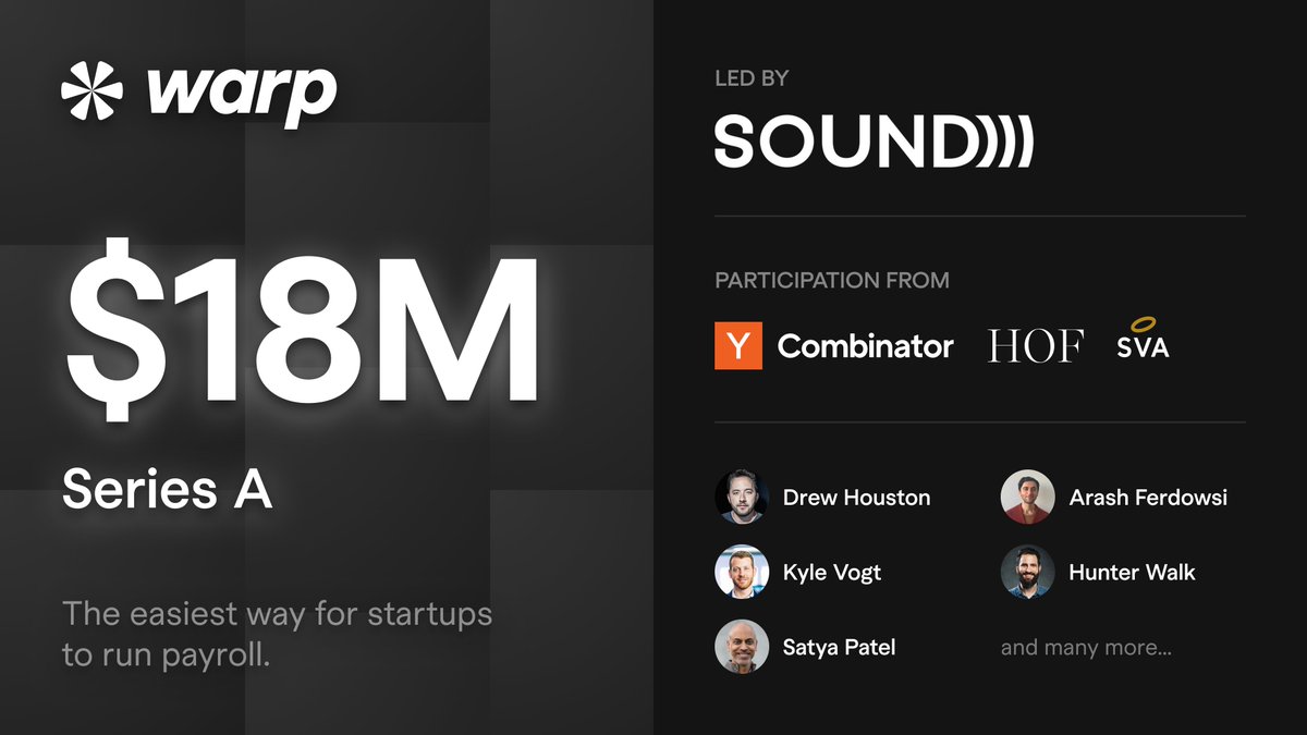 ayushswrites's tweet image. Today, I’m excited to announce that Warp has raised an $18M Series A. This brings our total funding to $24M.
We’re building the Superhuman for running your startup’s HR and payroll, and are already powering some of the fastest-growing startups today.
Read more below on our…