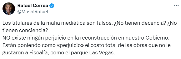 #ATENCIÓN 
El expresidente <a href="/MashiRafael/">Rafael Correa</a>, acusa a la prensa de difundir desinformación y de falta de ética. Niega que su administración haya causado daños en las labores de #reconstrucción tras el terremoto en #Manabí. Según él, las autoridades están etiquetando erróneamente los
