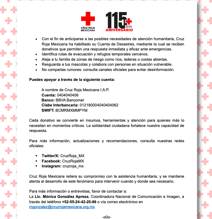 #CruzRojaMexicana activa protocolos de preparación ante el posible impacto de un #huracán categoría 2 en costas del Pacífico. 

Se hace un llamado urgente a la prevención y seguimiento de fuentes oficiales. 🌊