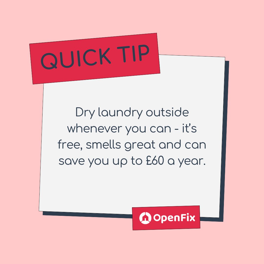 openfixuk's tweet photo. What’s better than fresh laundry off the line?

Saving up to £60 a year by air drying it.

It’s cheaper, kinder to your clothes, and just smells better.

#OpenFix #QuickTip #MoneySavingTips #FreshLaundry #DrySmarter #HomeCare https://t.co/v6sVEwpiPu