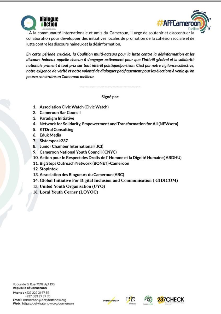 237check's tweet image. Important !
Déclaration de la coalition contre les discours haineux & #FakeNews lors des élections au 🇨🇲
L'occasion de la journée Int de lutte contre les discours haineux est idéal pour se rappeler que la construction de la paix est une affaire de tous
#AFFCameroonCoalition