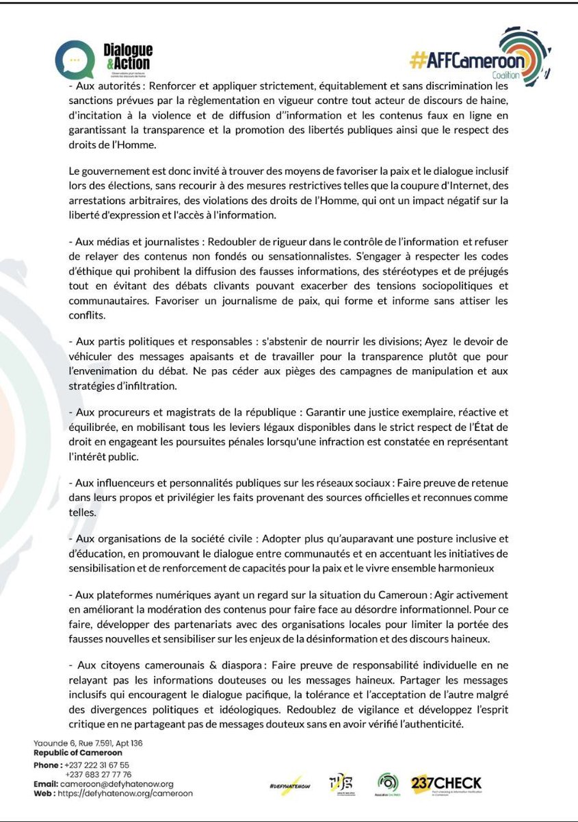 237check's tweet image. Important !
Déclaration de la coalition contre les discours haineux & #FakeNews lors des élections au 🇨🇲
L'occasion de la journée Int de lutte contre les discours haineux est idéal pour se rappeler que la construction de la paix est une affaire de tous
#AFFCameroonCoalition