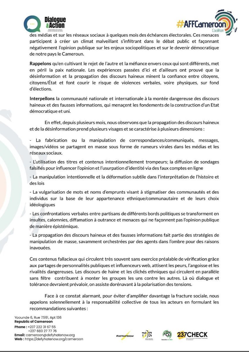 237check's tweet image. Important !
Déclaration de la coalition contre les discours haineux & #FakeNews lors des élections au 🇨🇲
L'occasion de la journée Int de lutte contre les discours haineux est idéal pour se rappeler que la construction de la paix est une affaire de tous
#AFFCameroonCoalition