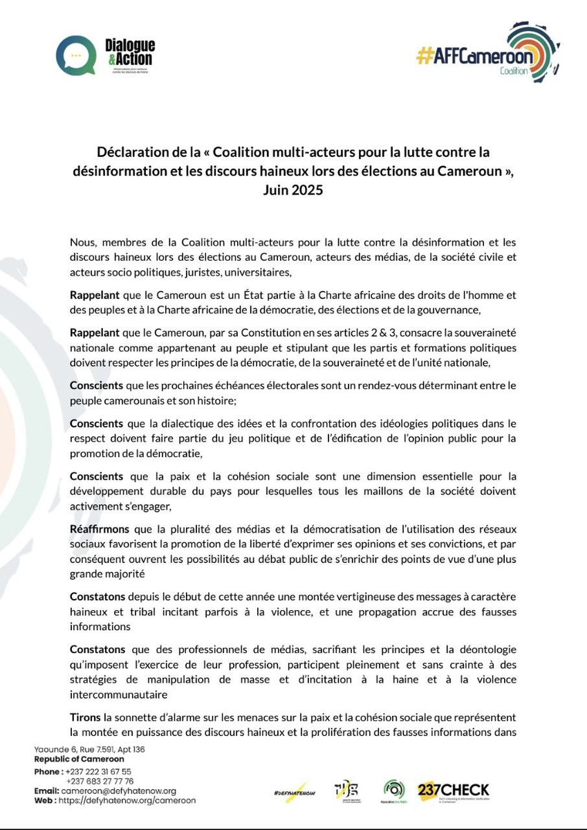 237check's tweet image. Important !
Déclaration de la coalition contre les discours haineux & #FakeNews lors des élections au 🇨🇲
L'occasion de la journée Int de lutte contre les discours haineux est idéal pour se rappeler que la construction de la paix est une affaire de tous
#AFFCameroonCoalition