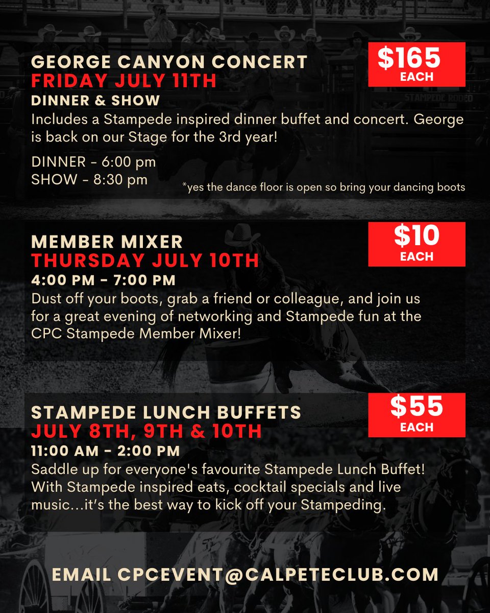 Stampede season is almost here—and so are the final tickets!

We’ve got just a few Rodeo Grandstand tickets left, a solid handful for the Chuckwagons, and plenty of room to celebrate with us at:
George Canyon live in concert
Our Member Mixer
Our legendary Stampede Lunch Buffets