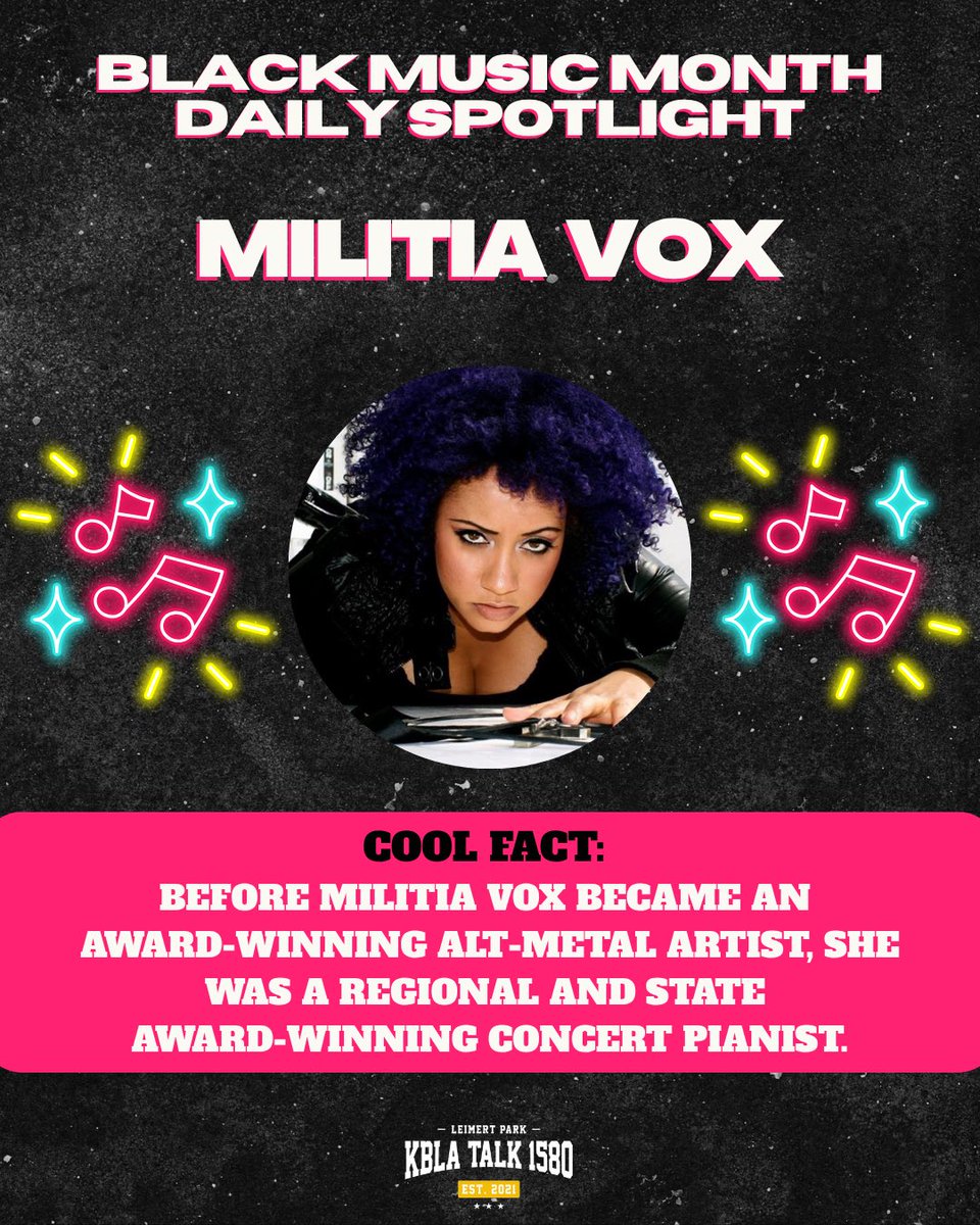 Black Music Month Daily Spotlight: 
Militia Vox 🤘🏽🤘🏾🤘🏿

#kbla1580 #unapologeticallyprogressive #militiavox #metalartist #blackmusicmonth #altmetal #concertpianist #blackmetalartists #metalartists #blackmusic #metalsinger #metalsingers