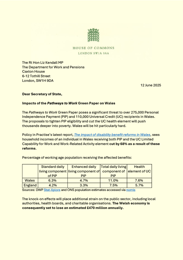 switherdenMP's tweet image. The Government published its UC & PIP Payment Bill today.
Wales already has the highest poverty rates among disabled people in the UK - this will push them deeper into hardship.
We wrote to the DWP urging the cuts be abandoned.
I will be voting against this Bill.