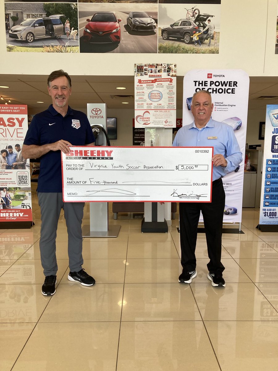 A big thanks to Sheehy Toyota and GM Kevin Runey for helping players to achieve their goals! ⁦<a href="/vayouthsoccer/">Virginia Youth Soccer</a>⁩ ⁦⁦<a href="/Toyota/">Toyota USA</a>⁩