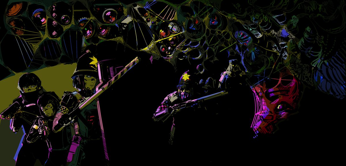 EyesFluorescent's tweet image. Signalis OC illustration.
From the left: KMOR R2243, ISVR S11308, Imperial Security Replika Barbara M3 and their common foes.
#signalisfanart #SIGNALISOC #signalisart #SIGNALIS